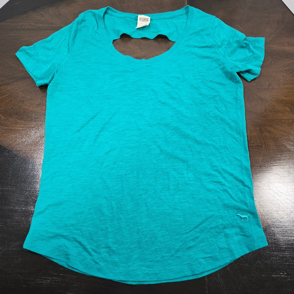 PINK Victoria's Secret Teal T-Shirt Womens Small Cut Out Back Slub Knit